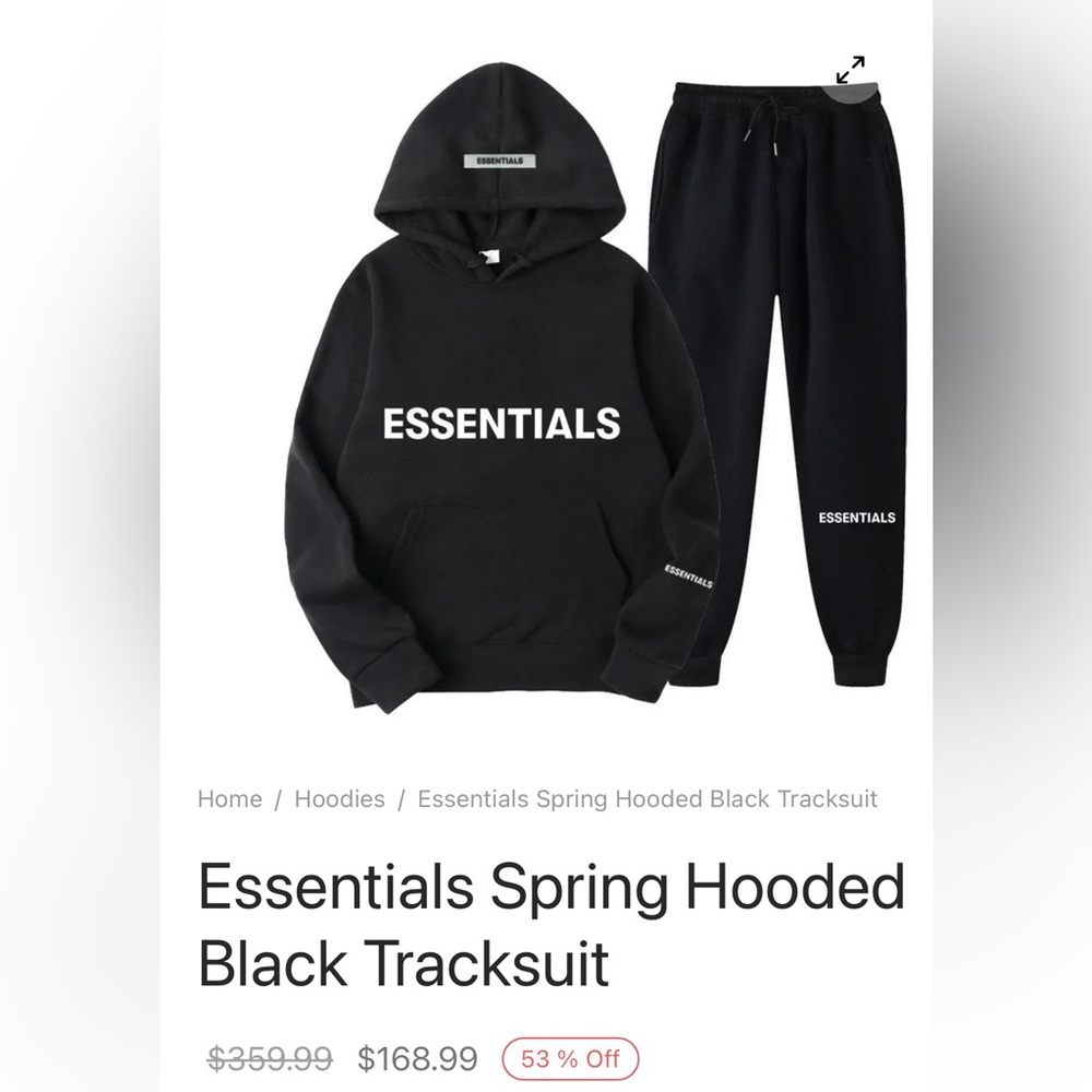 Essentials Spring Hooded Black Tracksuit (New size Small)